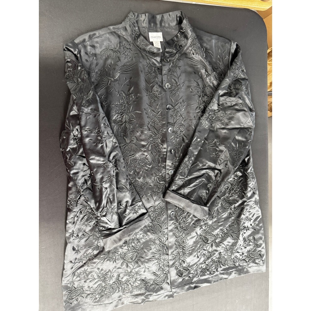 Chico's Black Silk Chinoiserie Embroidered Kimono Blazer Jacket Quiet Luxury XL - Picture 6 of 13